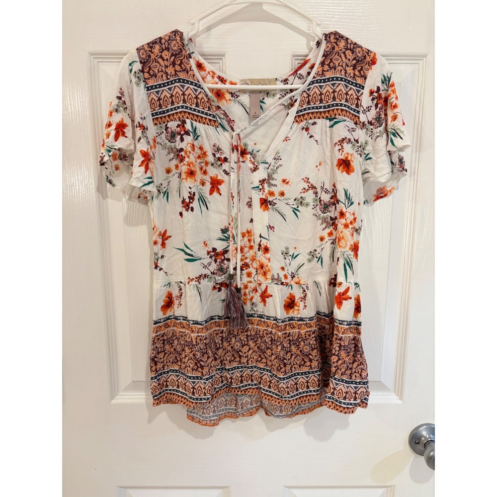 Davina Floral Tunic Top Womens Small Orange White Short Sleeve Boho Blouse‎